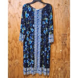 London Times Dress Women's 3X Midi Shift 3/4 Sleeves Navy Floral Bohemian Boho